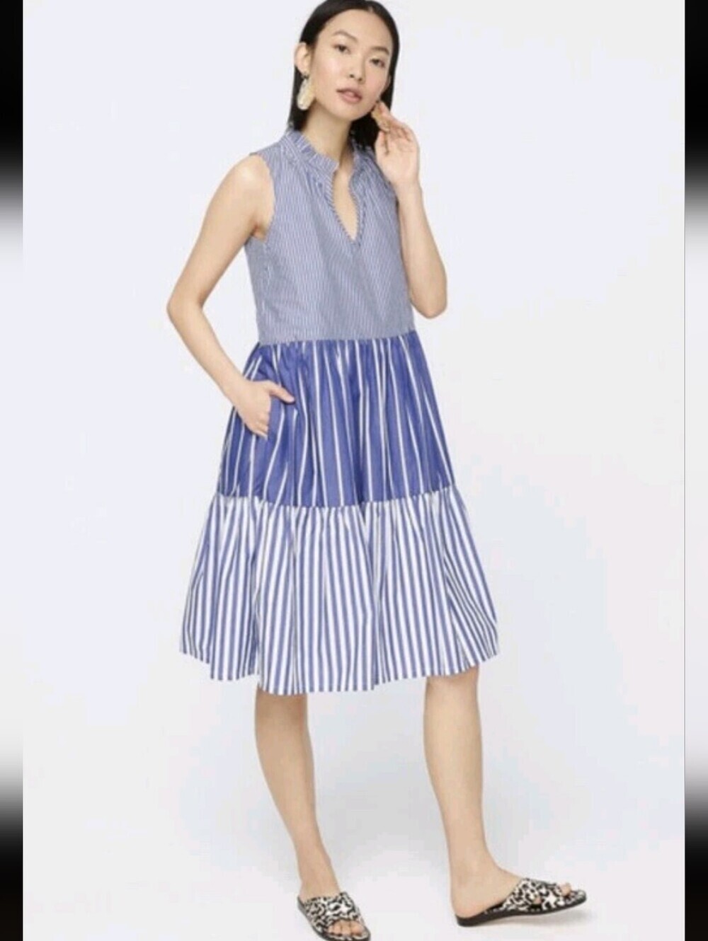 Jcrew Women's Blue/White Striped Tiered Sundress 100% Cotton With Pockets_L